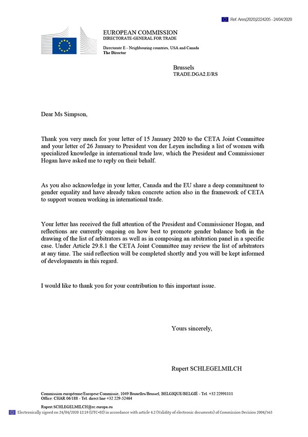 Response by the European Commission on “CETA Arbitrator Roster – Where Are the Women?”